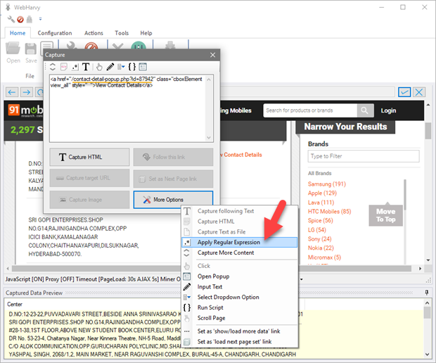 WebHarvy - Apply Regular Expression